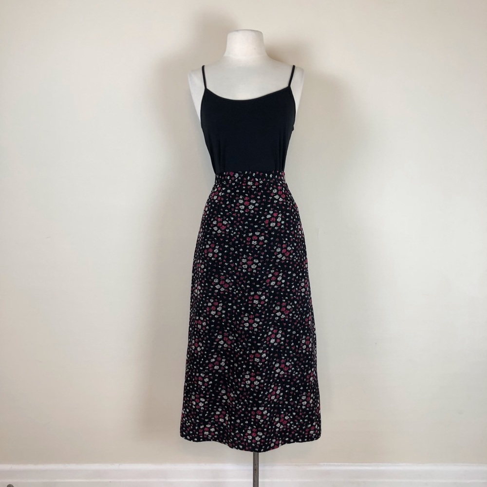 vintage‎ 90s criss cross textured corduroy skirt black ditsy floral a line midi - Picture 4 of 12